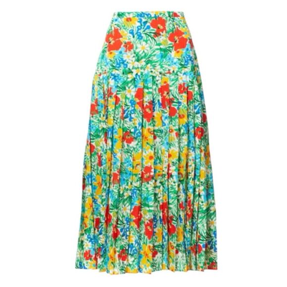 NEW Rixo London Retro Garden Tina Skirt Midi Floral Pleated Side Slit Size L/10 - Picture 1 of 8